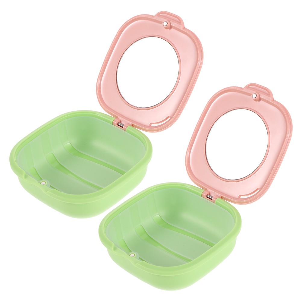 2 Pcs Cute Slim Retainer Aligner Case with Mirror Dentures Container