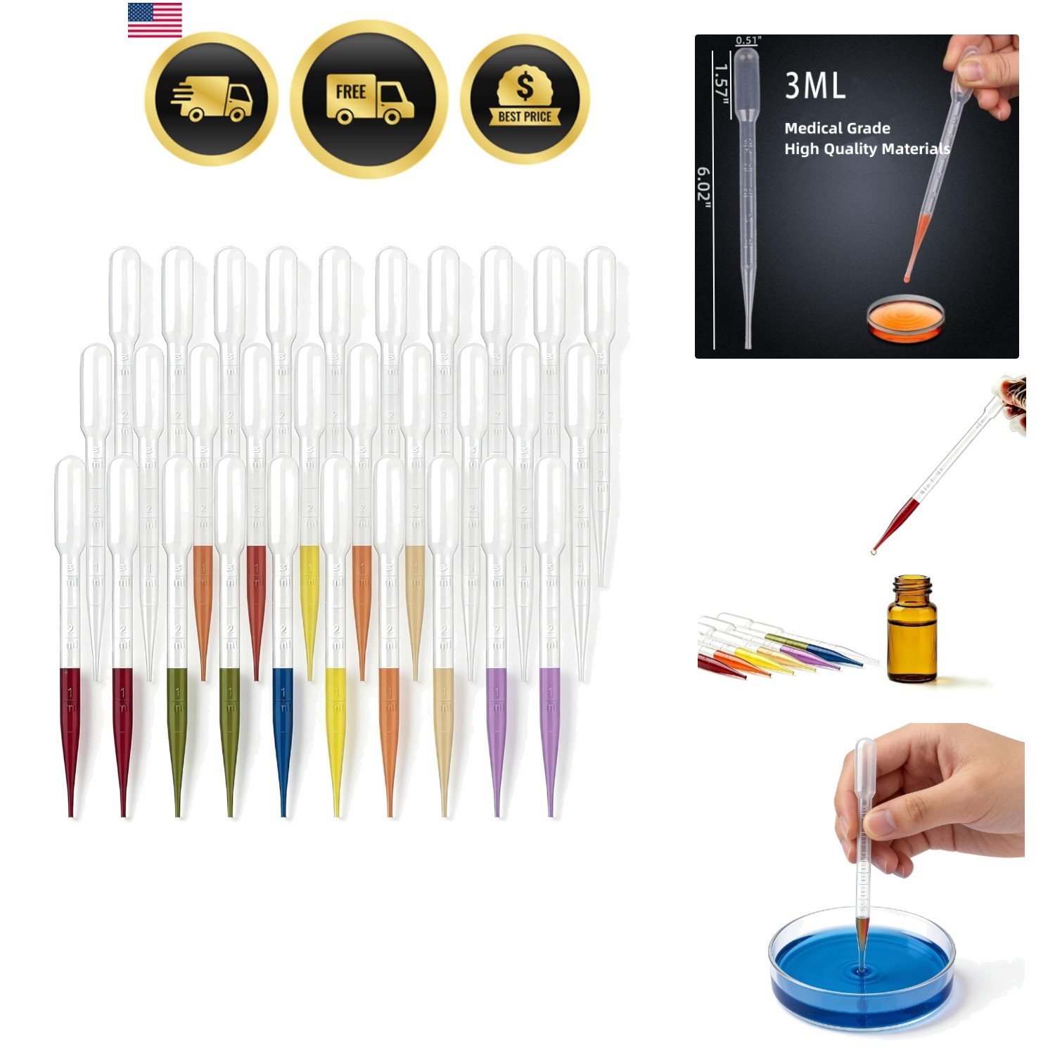 50-Pack 3ml Disposable Plastic Pipettes — Graduated Transfer Droppers for Ess…