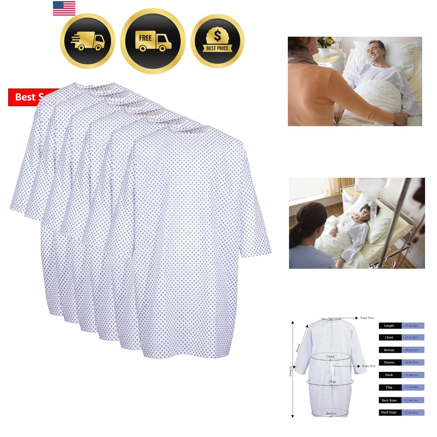 Hospital Gowns for Women and Men – 45″ Long & 62″ Wide