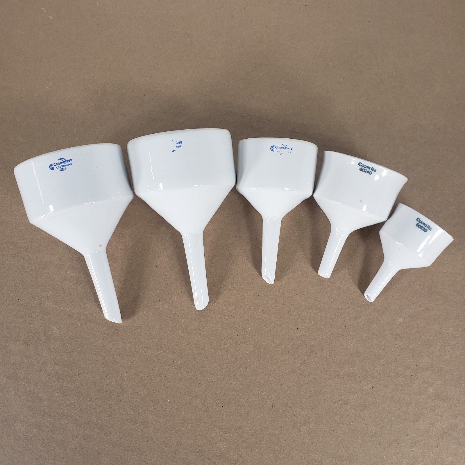 Lot of Coorstek 60240/6023 & Chemglass CG-1888-03/01 Porcelain Buchner Funnels
