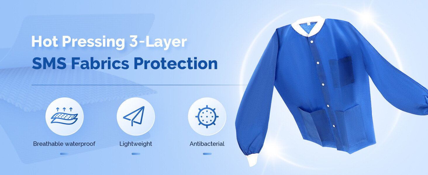 JMU Disposable SMS Lab Jackets Hip Length Medical Jacket W/3 Pockets 40g SMS