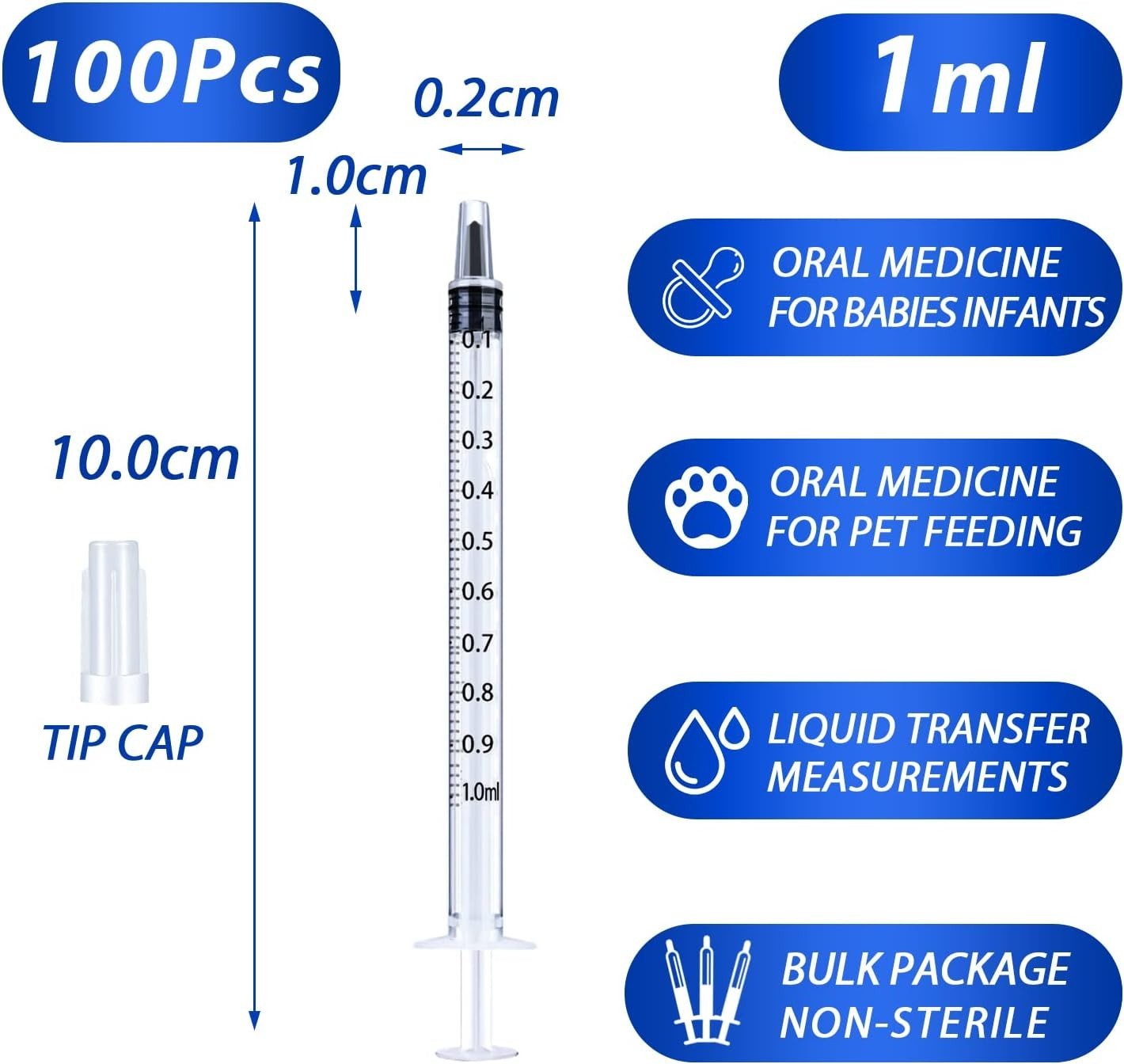 Paquete de 100 jeringas de 1 ml con tapas, jeringa de 1 cc