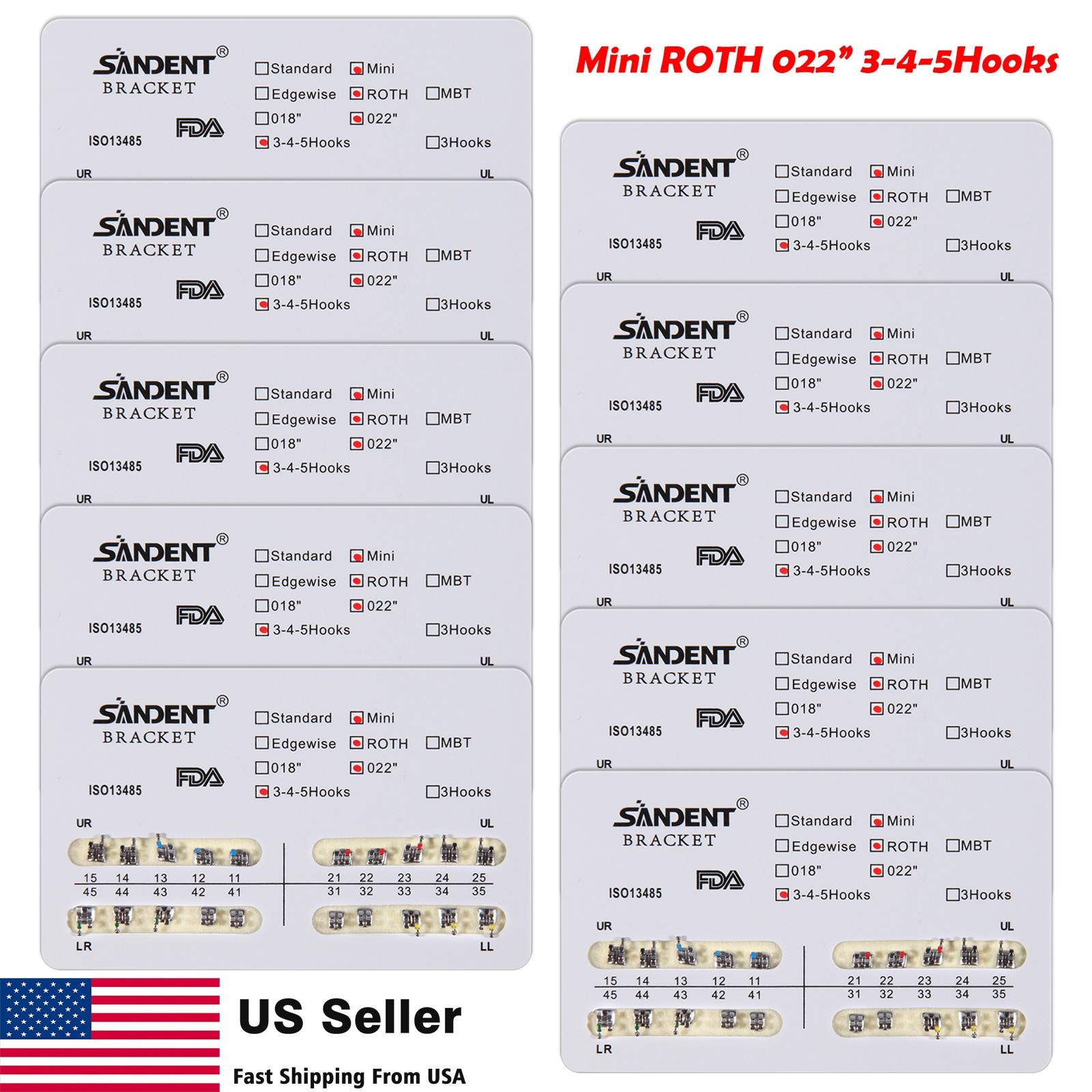 10 Packs Brackets dentales de ortodoncia Mini Roth 022 Ganchos 345
