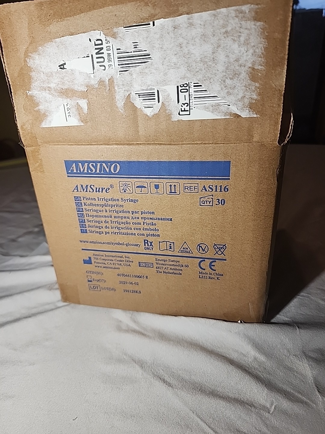 Amsino AS116 Piston Irrigation Syringe 60cc 30 Count box