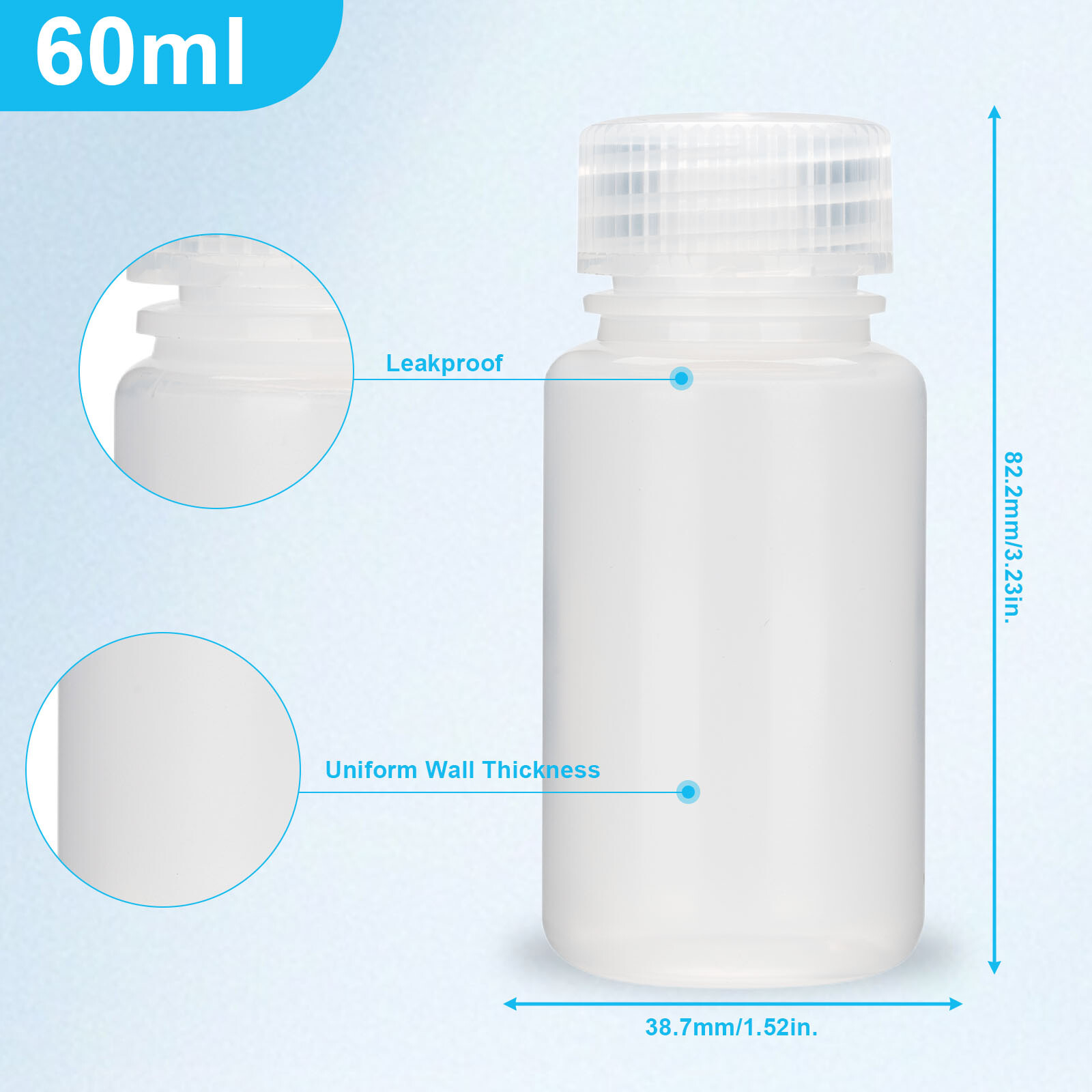 Biologix 60ml PP reagent bottles, Clear, 50/Bag, 10 Bags/Case