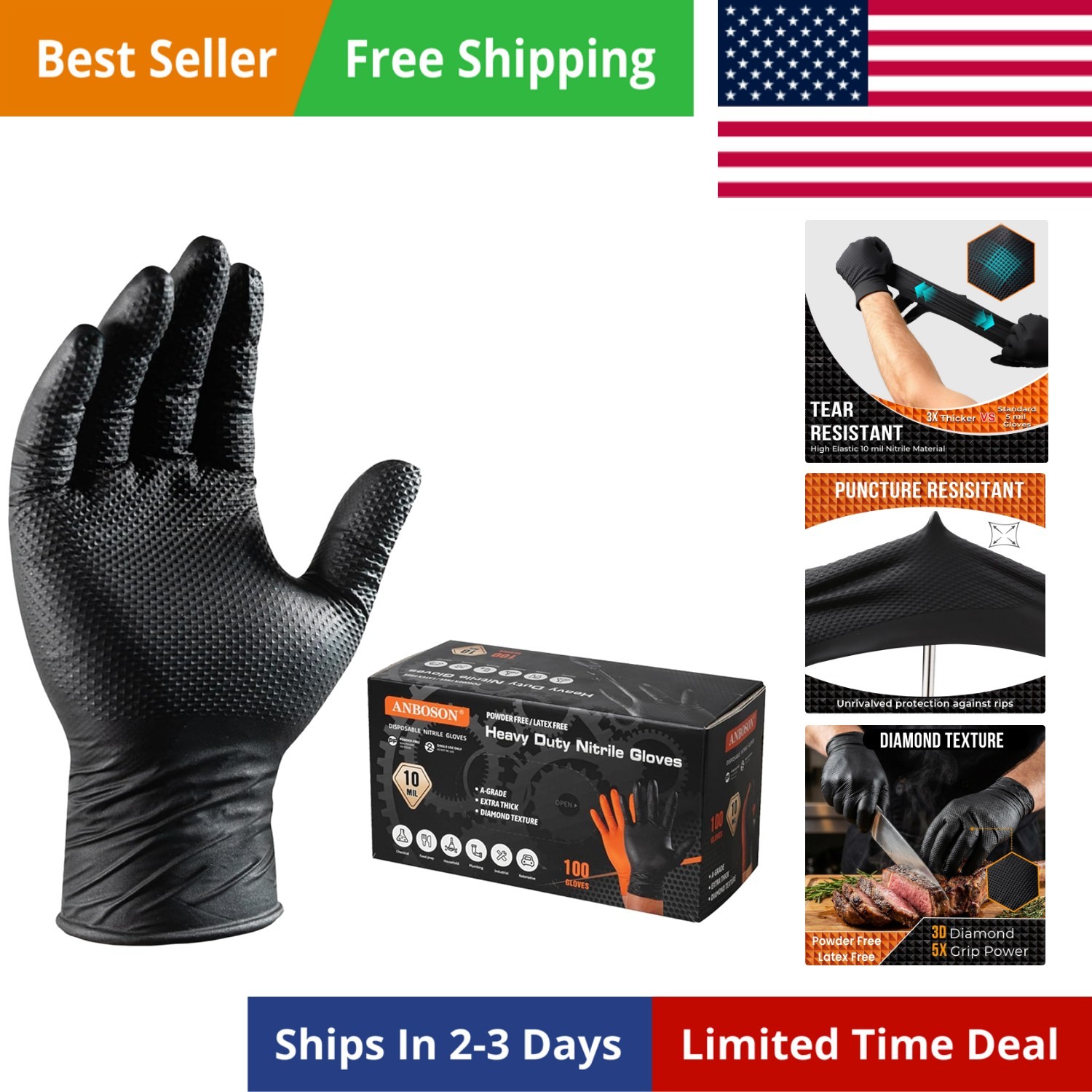 10 Mil Diamond Textured Nitrile Gloves, Heavy Duty Disposable, Extra Thick, L…
