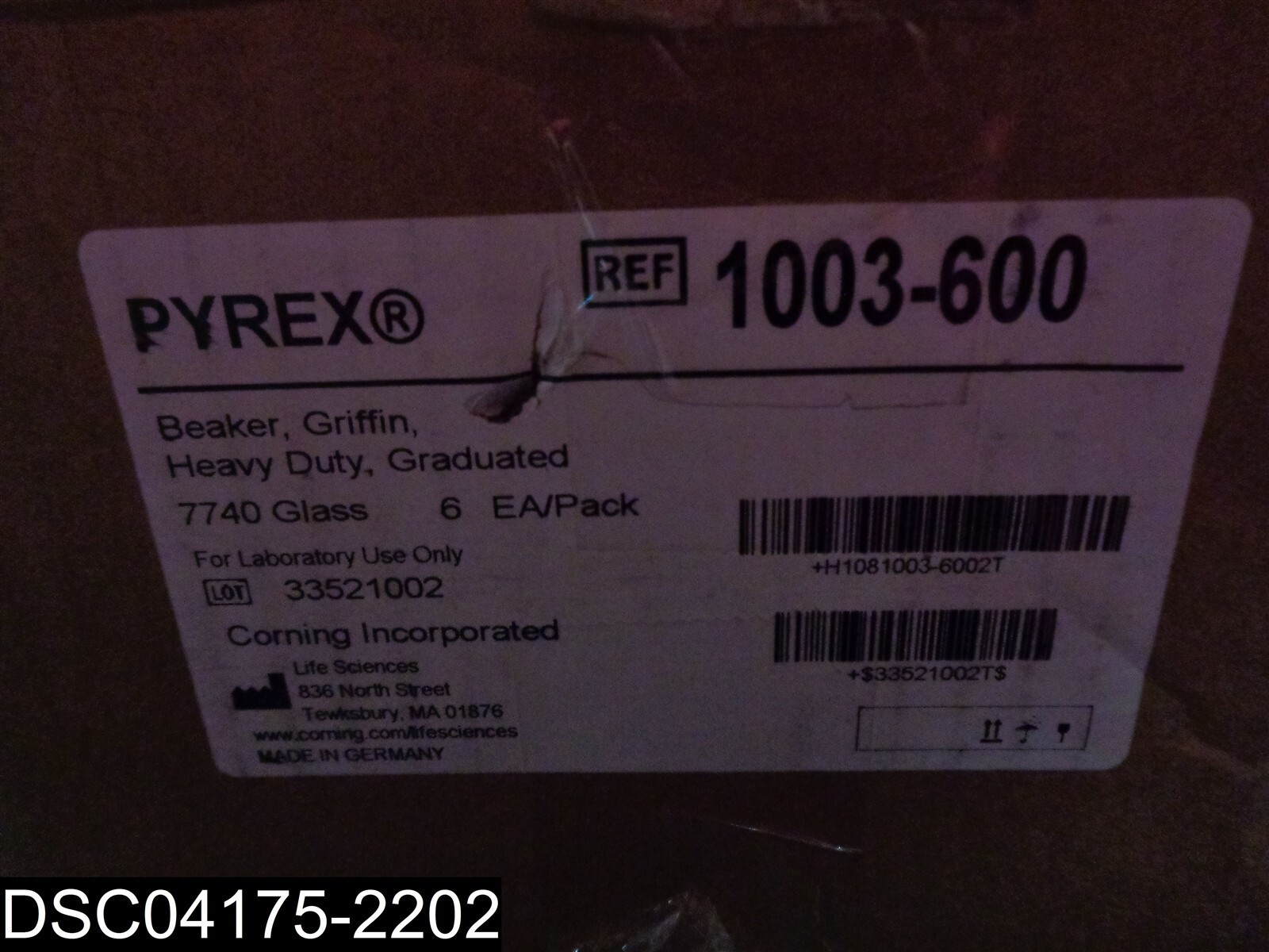 QTY=6: 1003-600 Pyrex Griffin 7740 Glass Heavy Duty 600 ml Beakers