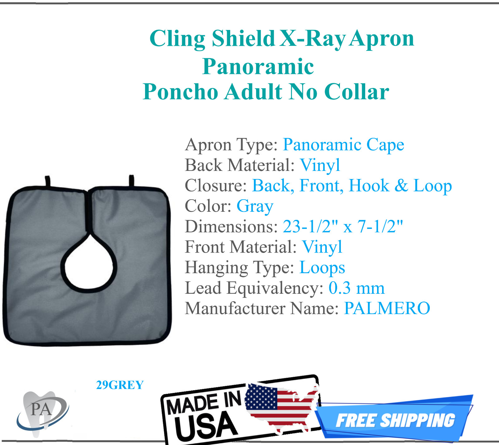 Dental X-Ray Apron Cling Shield® Pano Cape Apron .3 mm, Lead Lined, Gray, USA