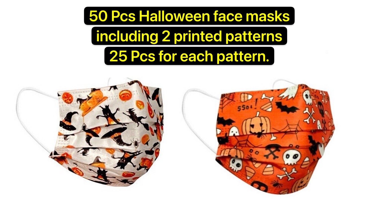 50PCS Halloween Pattern Disposable Face Mask Assorted 3Ply Protector Mouth Cover