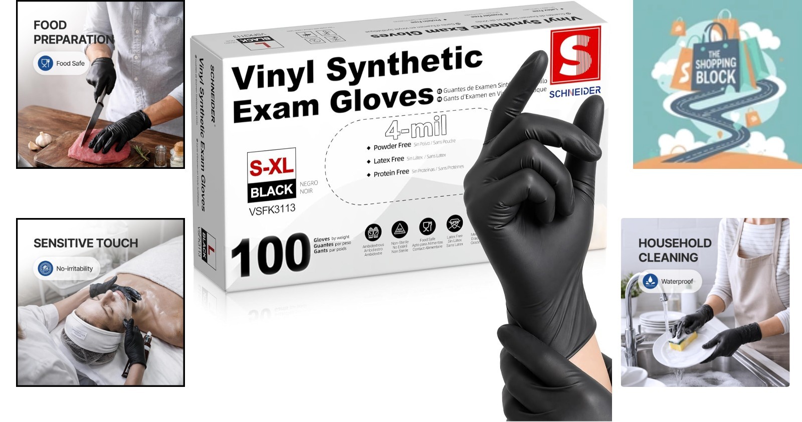 Black Vinyl Exam Gloves 4 Mil, Large, Pack of 100, Latex-Free, Waterproof