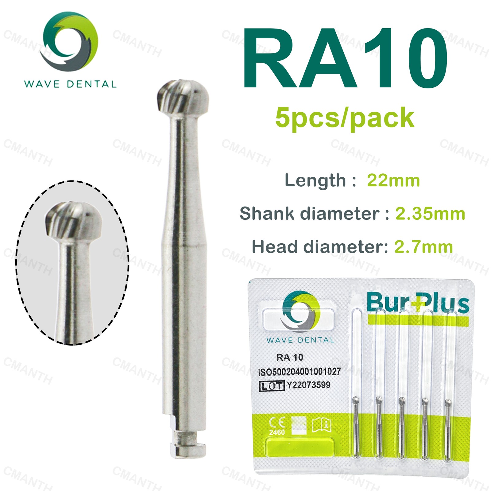 WAVE Dental Tungsten Carbide Burs Round Head RA Low Speed Burs Dia 2.35mm 5Pcs