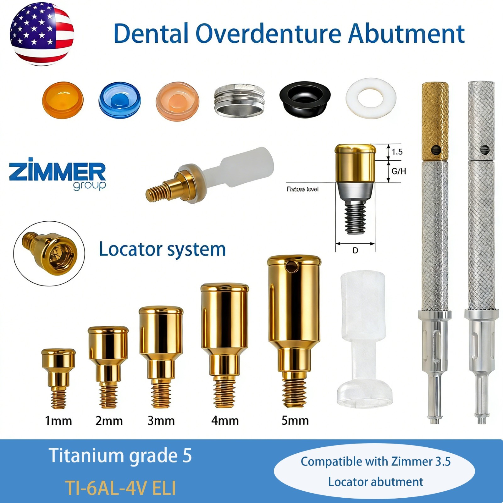 US Locator Abutment for Zimmer Screw-Vent 3.5 Titanium Abutment Male Cap Inserts