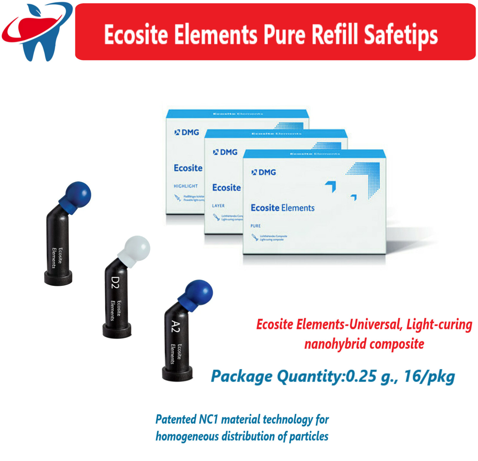 DMG Ecosite Elements Universal, light-curing nanohybrid composite 16/Pk 0.25g