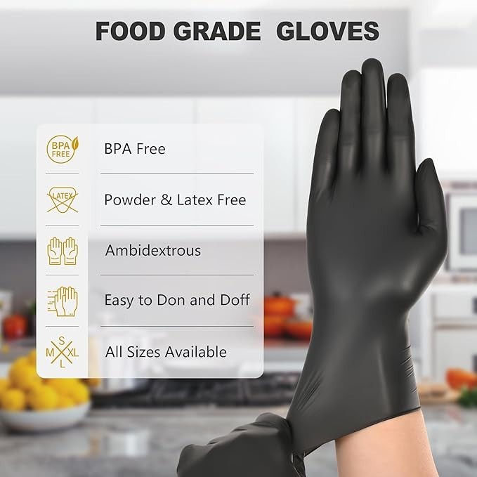 Black Vinyl Gloves, Food Grade Gloves Disposable Latex Free & Powder Free, 100ps