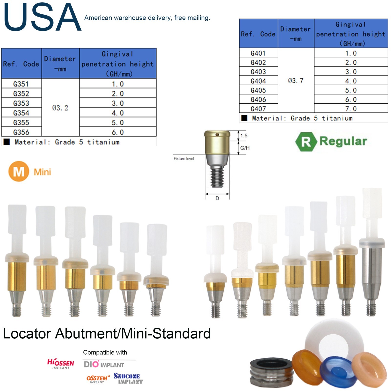 Hiossen Dental attachment overdenture Locator Abutment for Inter ET Mini/Regular
