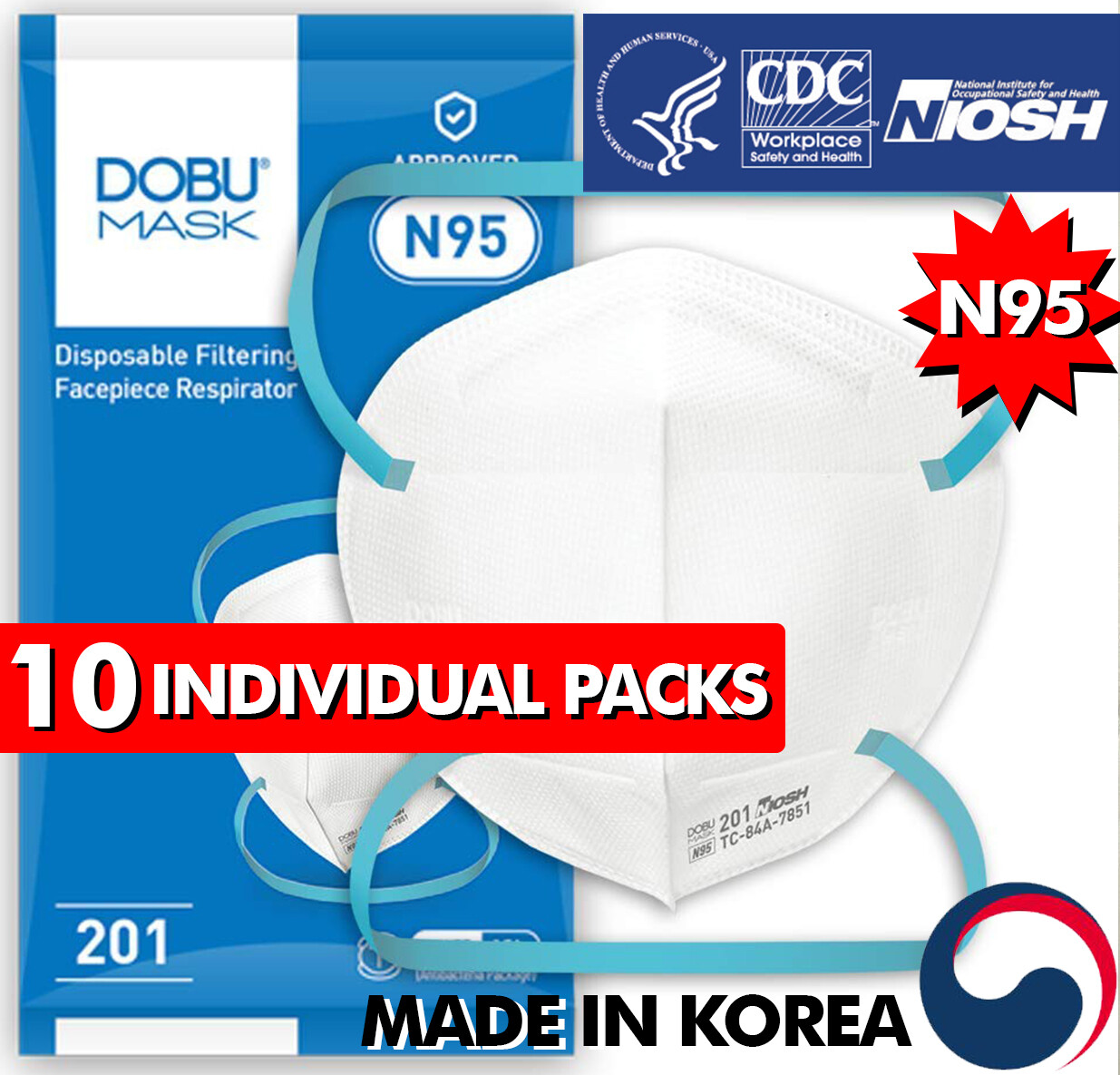10 NIOSH N95 Face Mask Made in Korea Medical Respirators Protective Covers DOBU