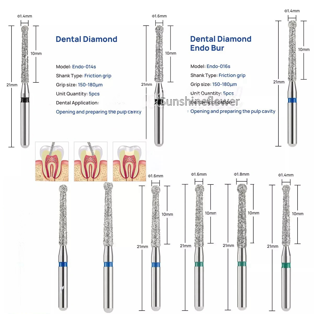 1-200Pack Dental Endo Diamond Burs 1.6mm For Opening preparing Endo Access Bur