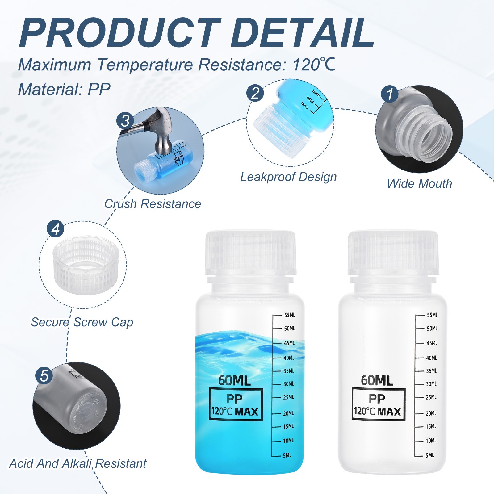 6 Pcs Plastic Sample Bottles with Screw Caps, 2 oz 60ml Reagent Bottles, Clear