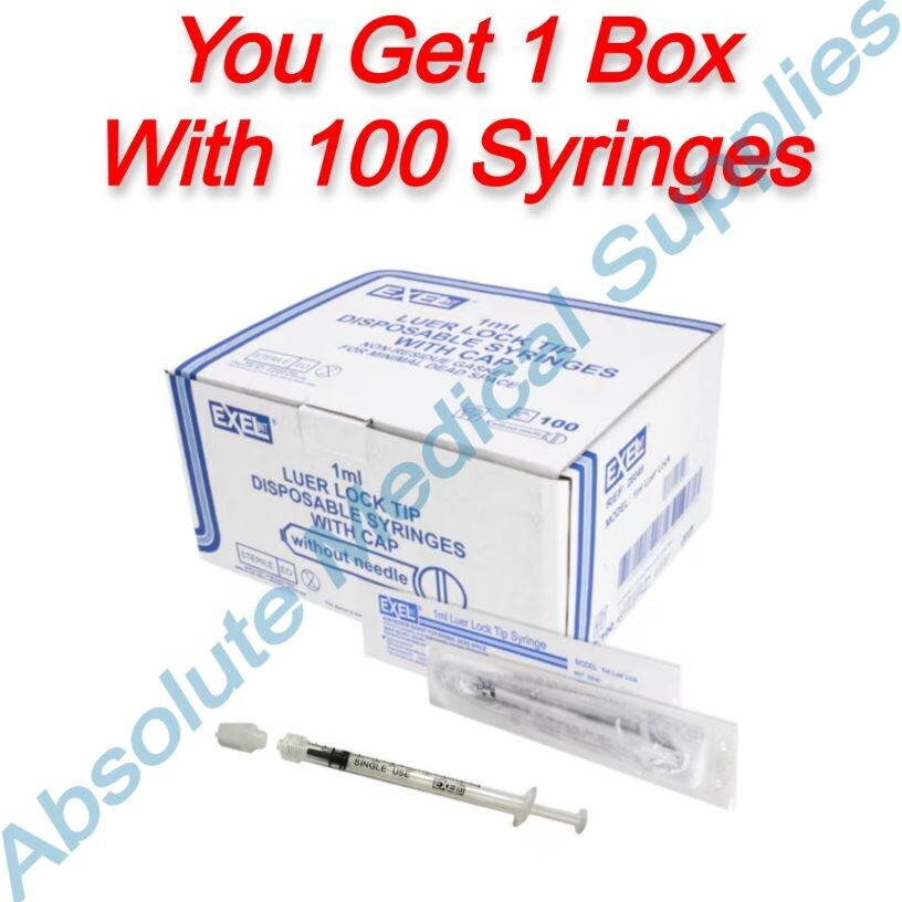*100-Pieces* Exel 1mL Luer-Lok-Tip Disposable Syringe With Cap Sterile 26049