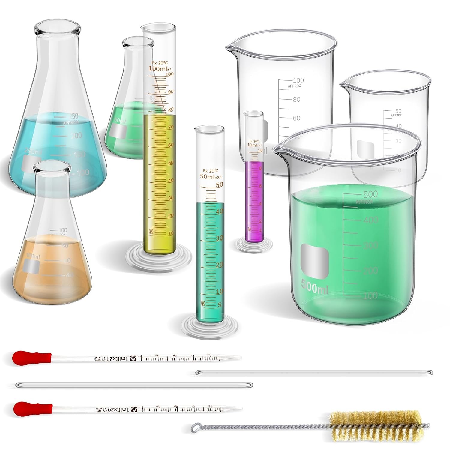 14 Pcs Measuring Beaker Set Lab Flask Glass Graduated Cylinder with Stirring Rod
