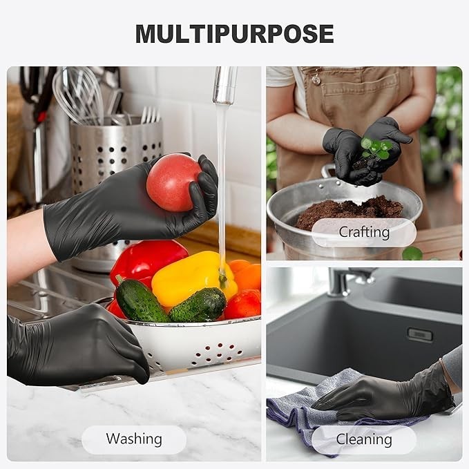 Black Vinyl Gloves, Food Grade Gloves Disposable Latex Free & Powder Free, 100ps