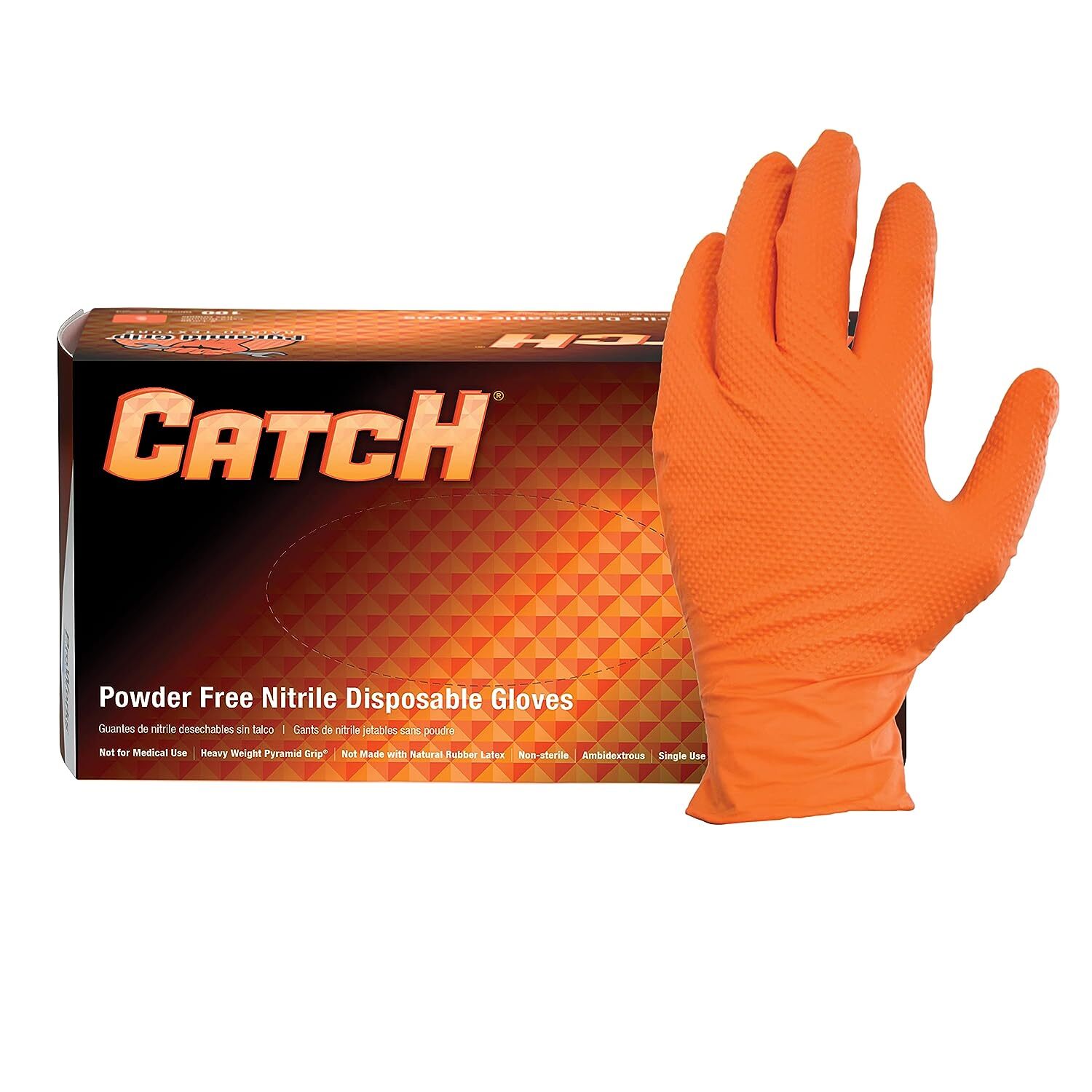 CATCH Nitrile Disposable Gloves w/ Pyramid Grip Texture Orange 9 Mil Box of 100