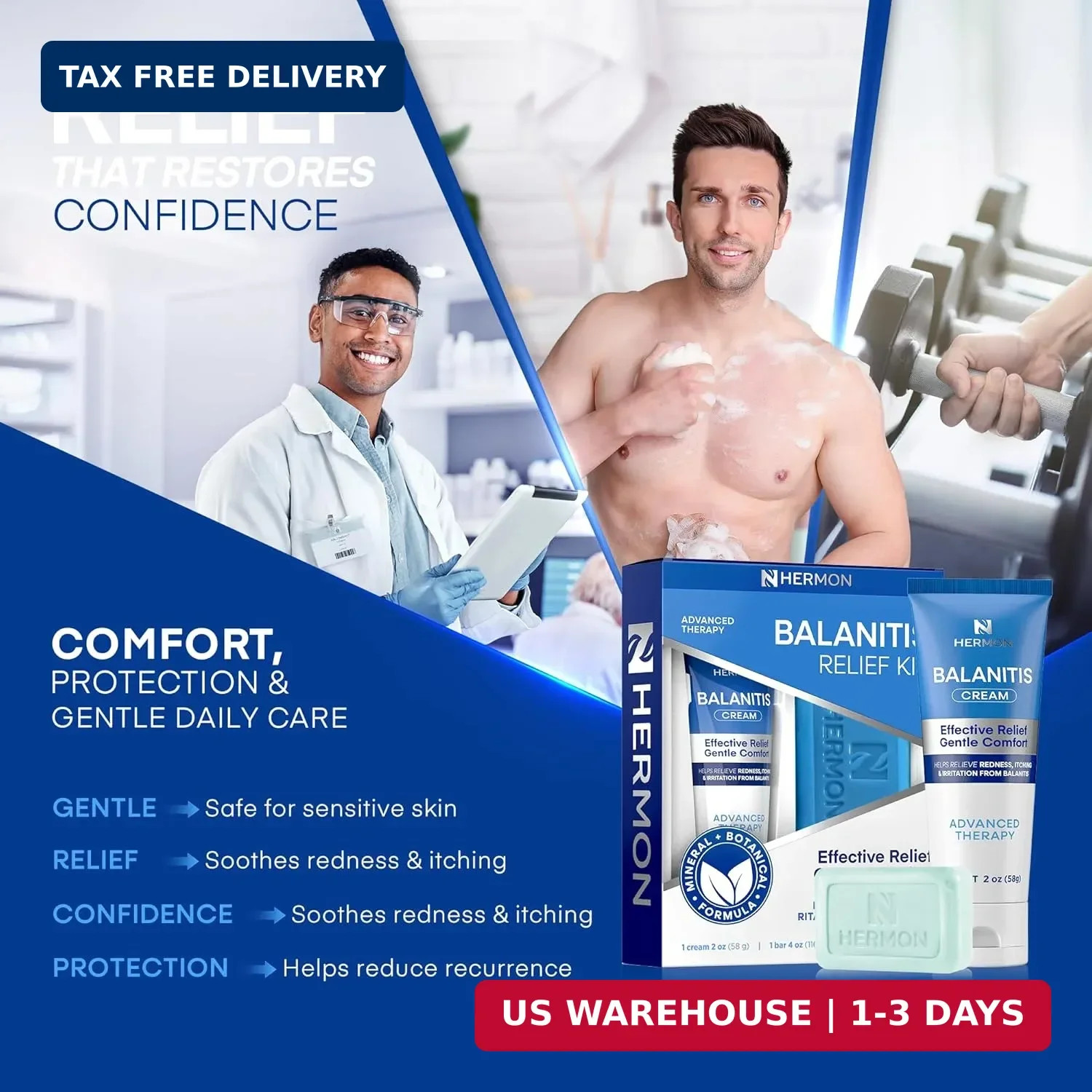 Balanitis Treatment for Men – Relieves Redness & Itching – Cream & Soap 2-Pc Kit