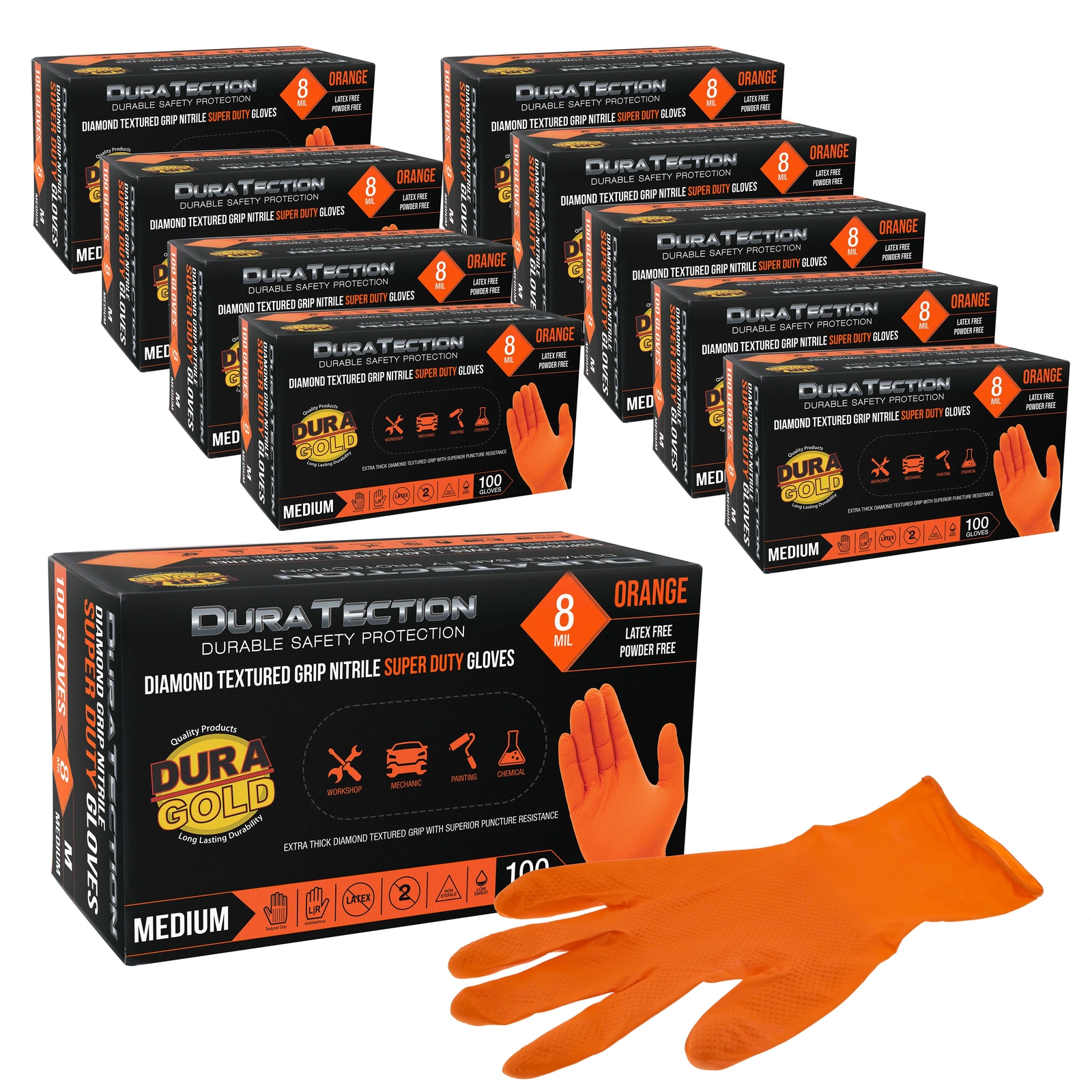Duratection 8Mil Super Duty Diamond Textured Nitrile Gloves, 1000 Gloves, Medium