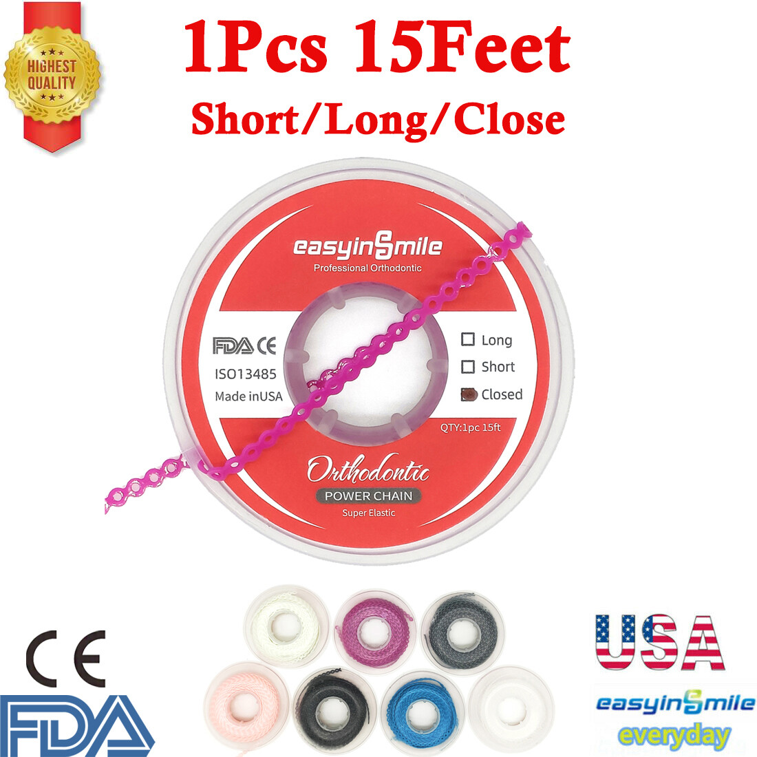 Dental Orthodontic Rubber Bands Elastic Power Chains Braces Short/Long/Closed