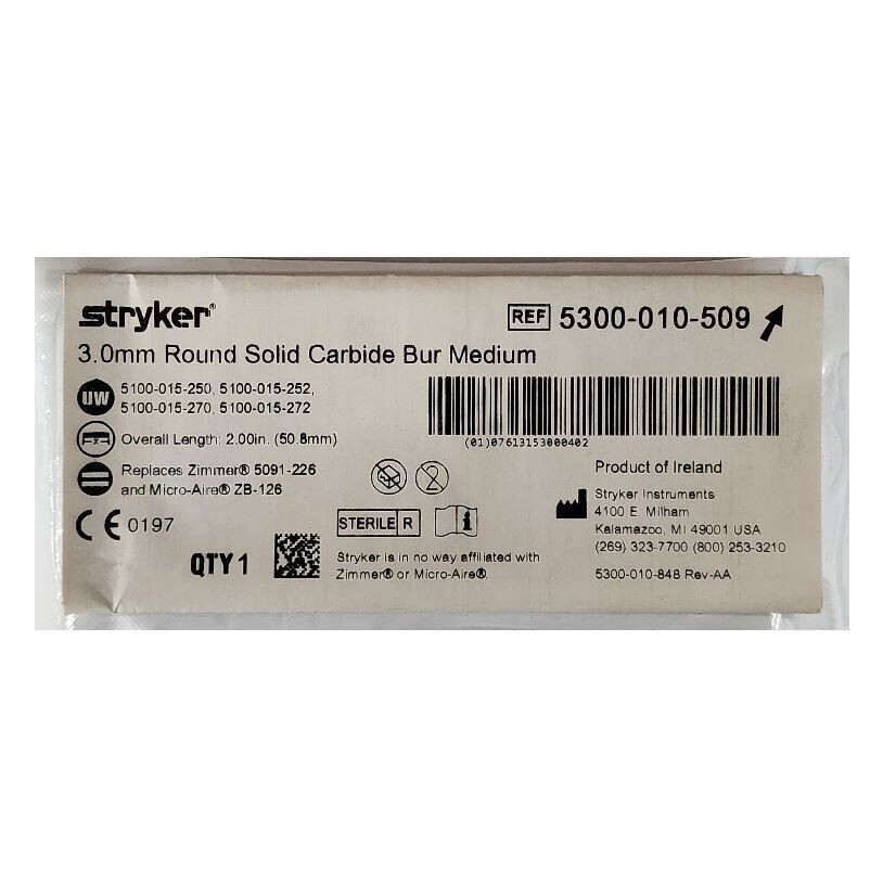 *1-Pack* Stryker Round Solid Carbide Bur Medium 3.0mm Sterile 5300-010-509