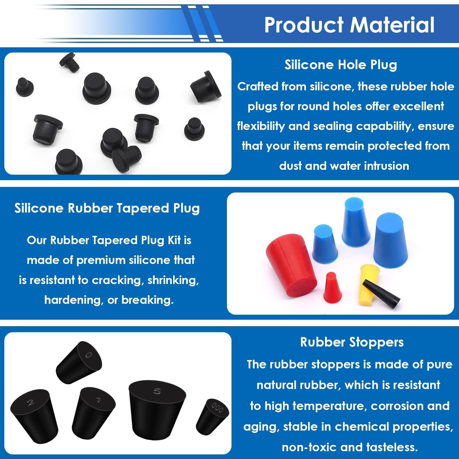 300Pcs Silicone Rubber Stoppers – 3 Types, 24 Sizes, High-Temp Resistant, Toolbo