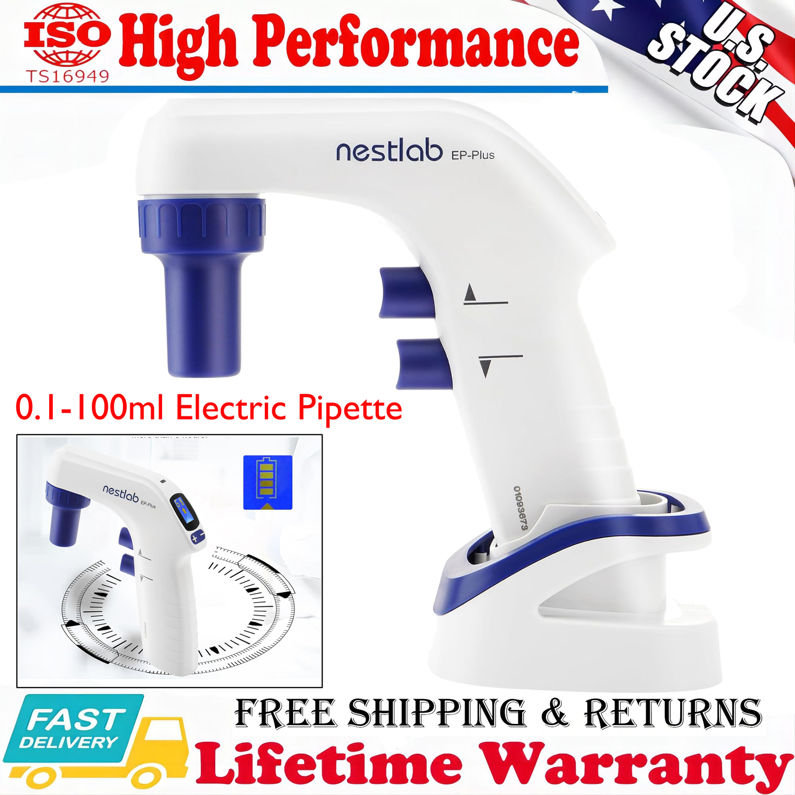 Lab Electric Pipette Controller 0.1-100ml Digital LCD Adjustable Pump 100‑240V