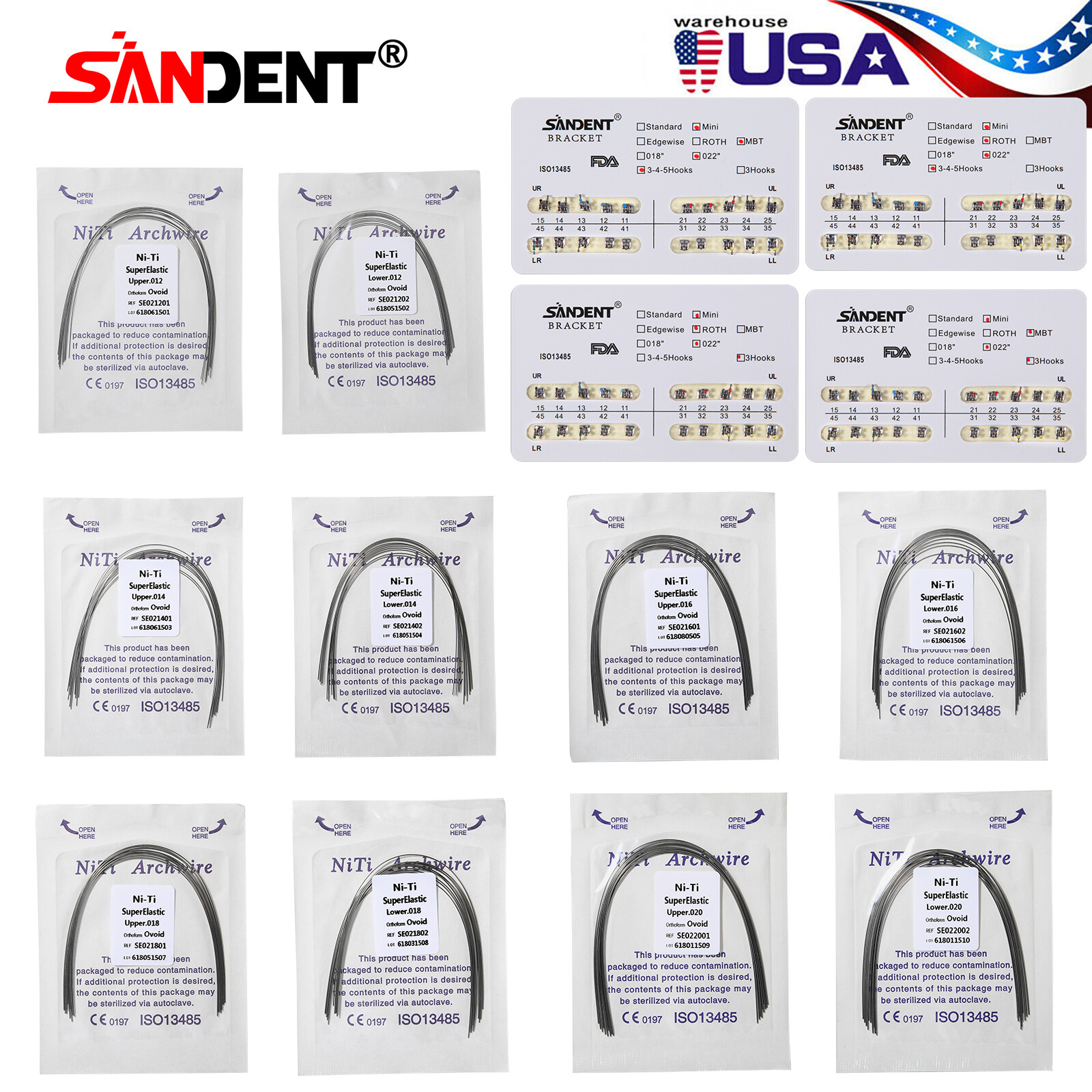 10 packs Dental Ortho Arch Wires Roth/MBT 3/345Hooks Metal Bracket Braces