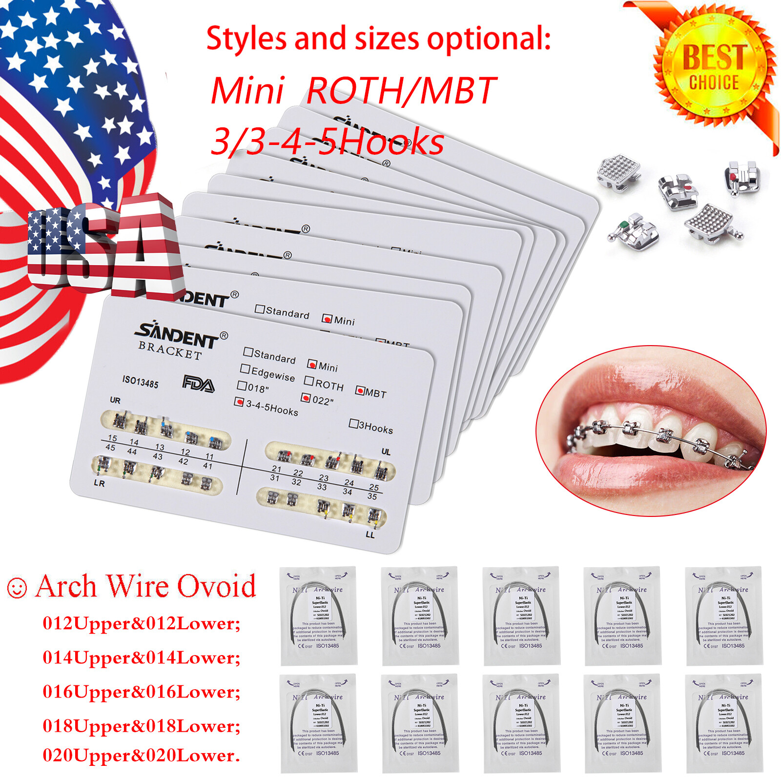 10 packs Dental Ortho Arch Wires Roth/MBT 3/345Hooks Metal Bracket Braces