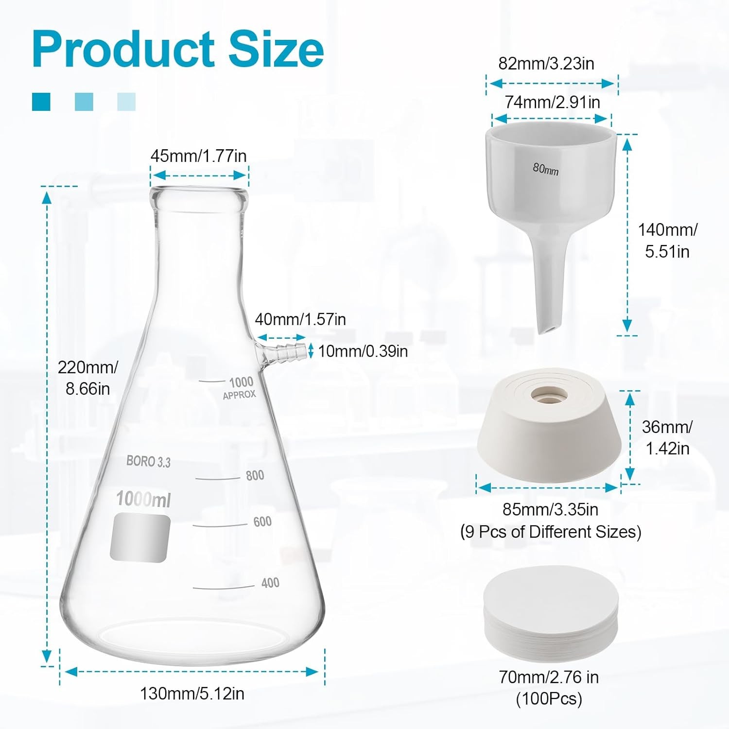 1000ML Buchner Funnel Filtering Kit Lab Vacuum Pump 18 L/Min Filter Flask Set