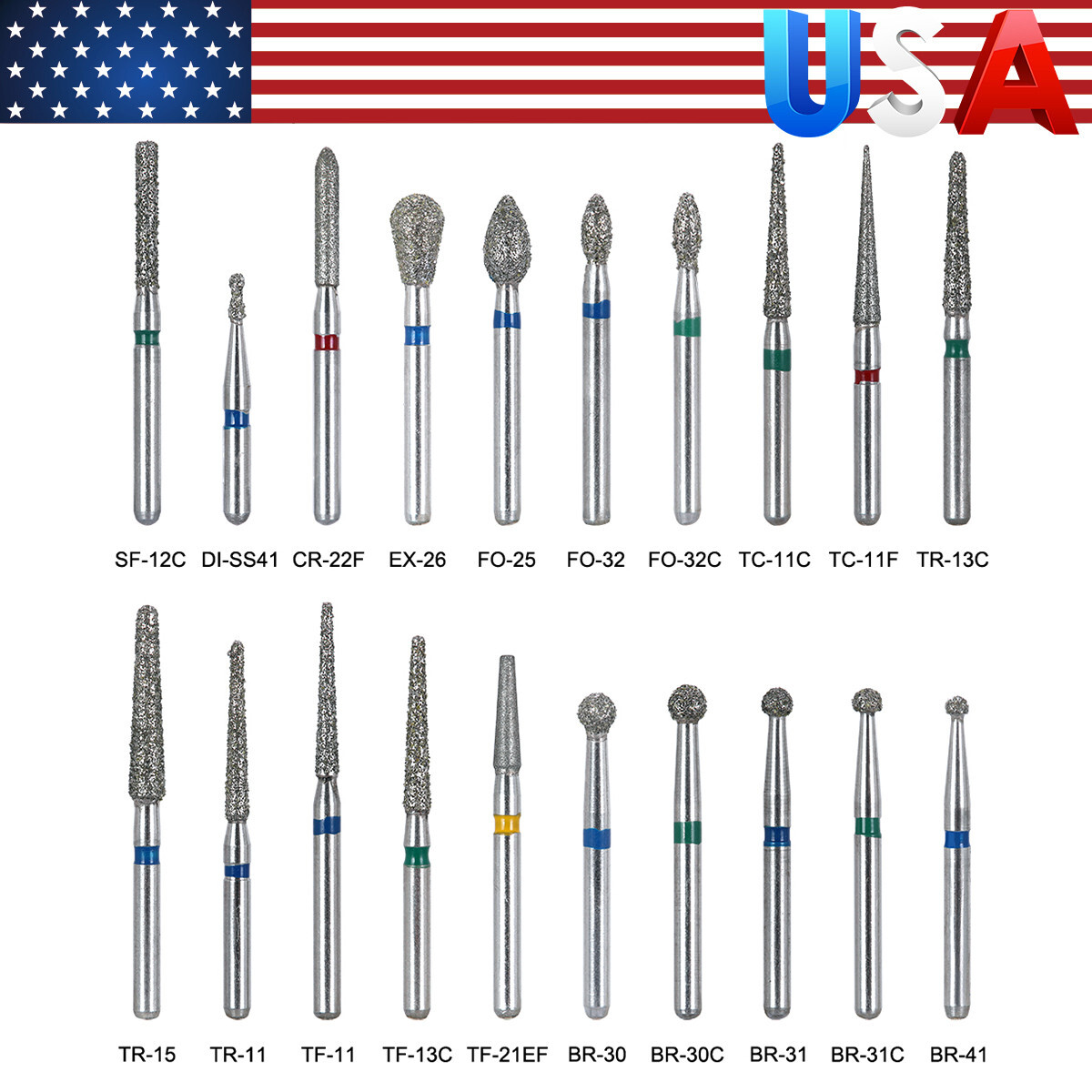 【USA】100Pcs Dental Diamond Burs for High Speed Handpiece Medium FG 1.6MM