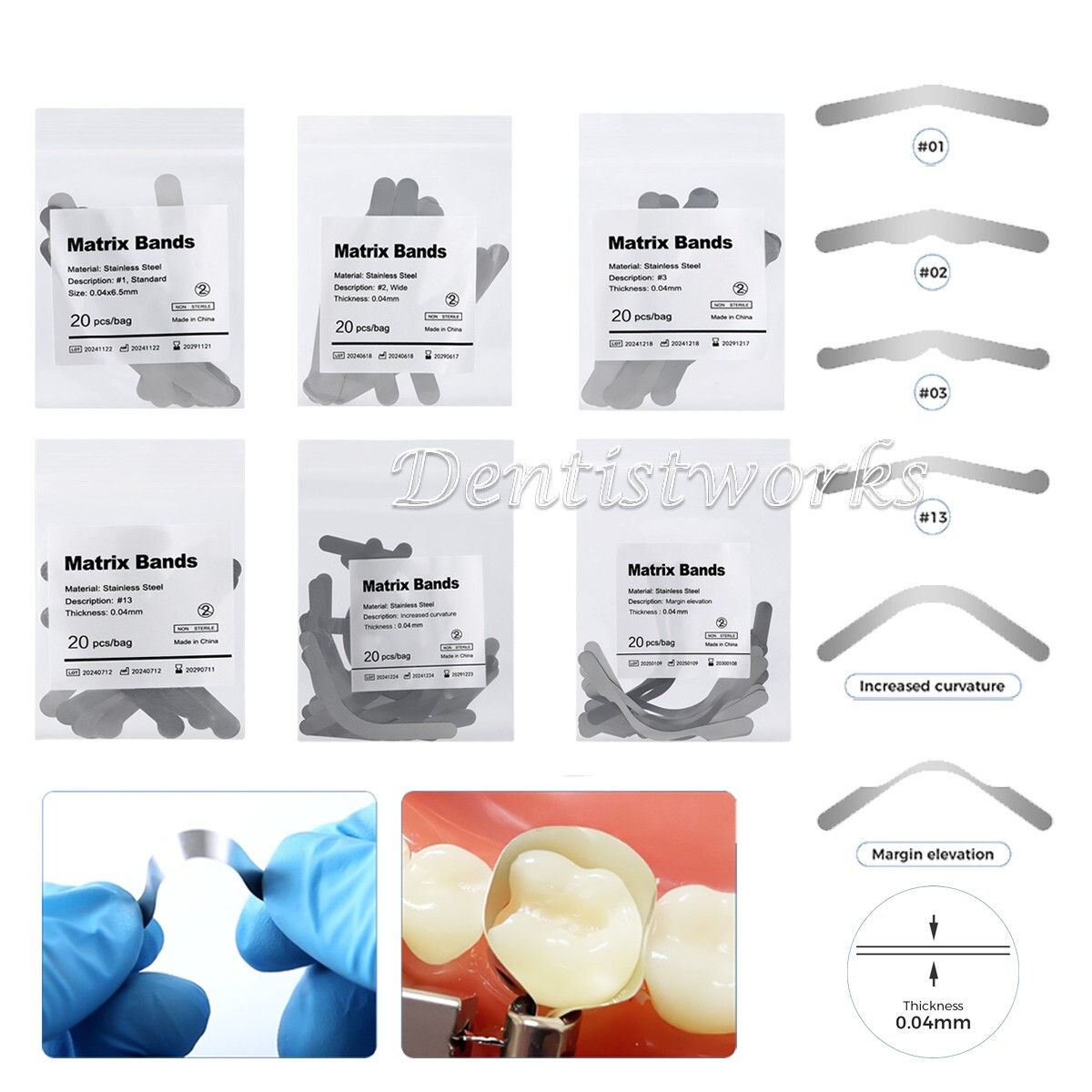 20Pcs Dental Tofflemire Matrix Bands 0.04mm Margin Elevation Increased Curvature