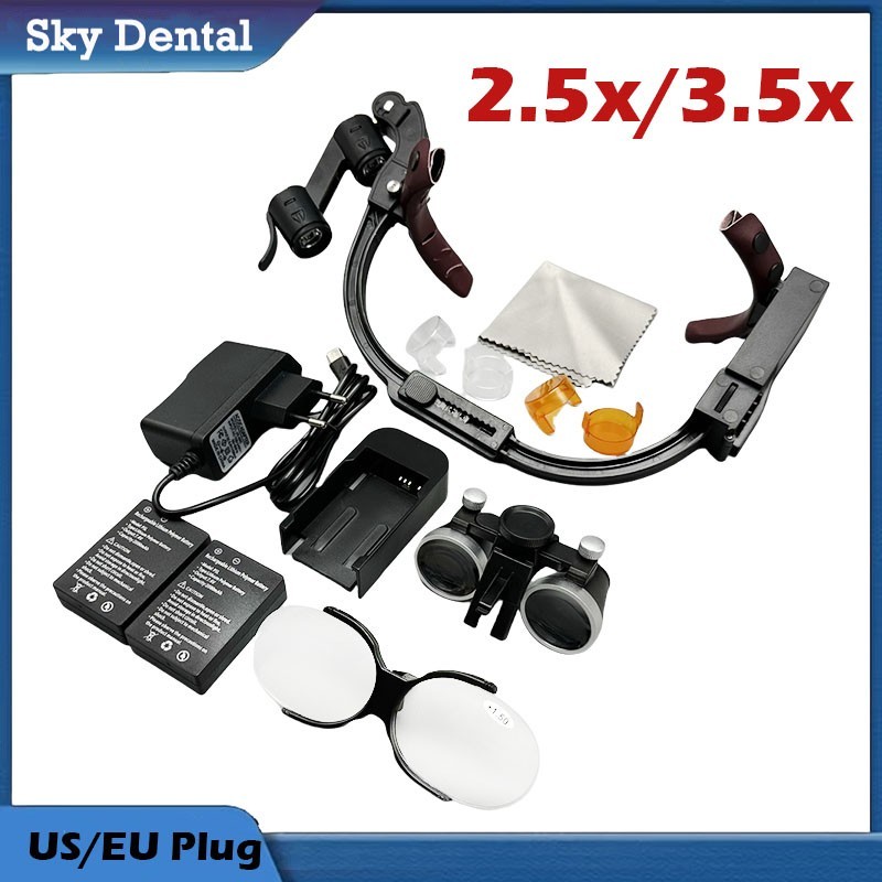 2.5x/3.5x Dental Surgical Binocular Loupe Headband Magnifier LED Headlight US/EU