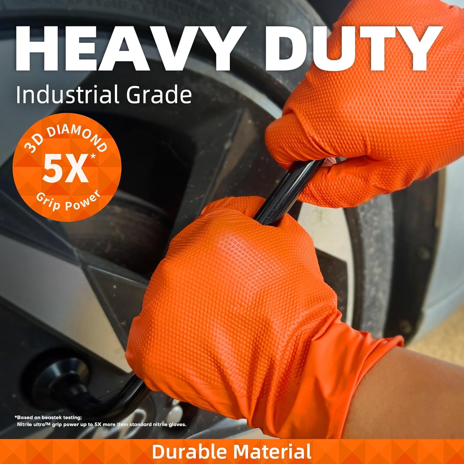 Orange Nitrile Gloves 8Mil Disposable Diamond Texture Latex & Powder-Free 50Pc