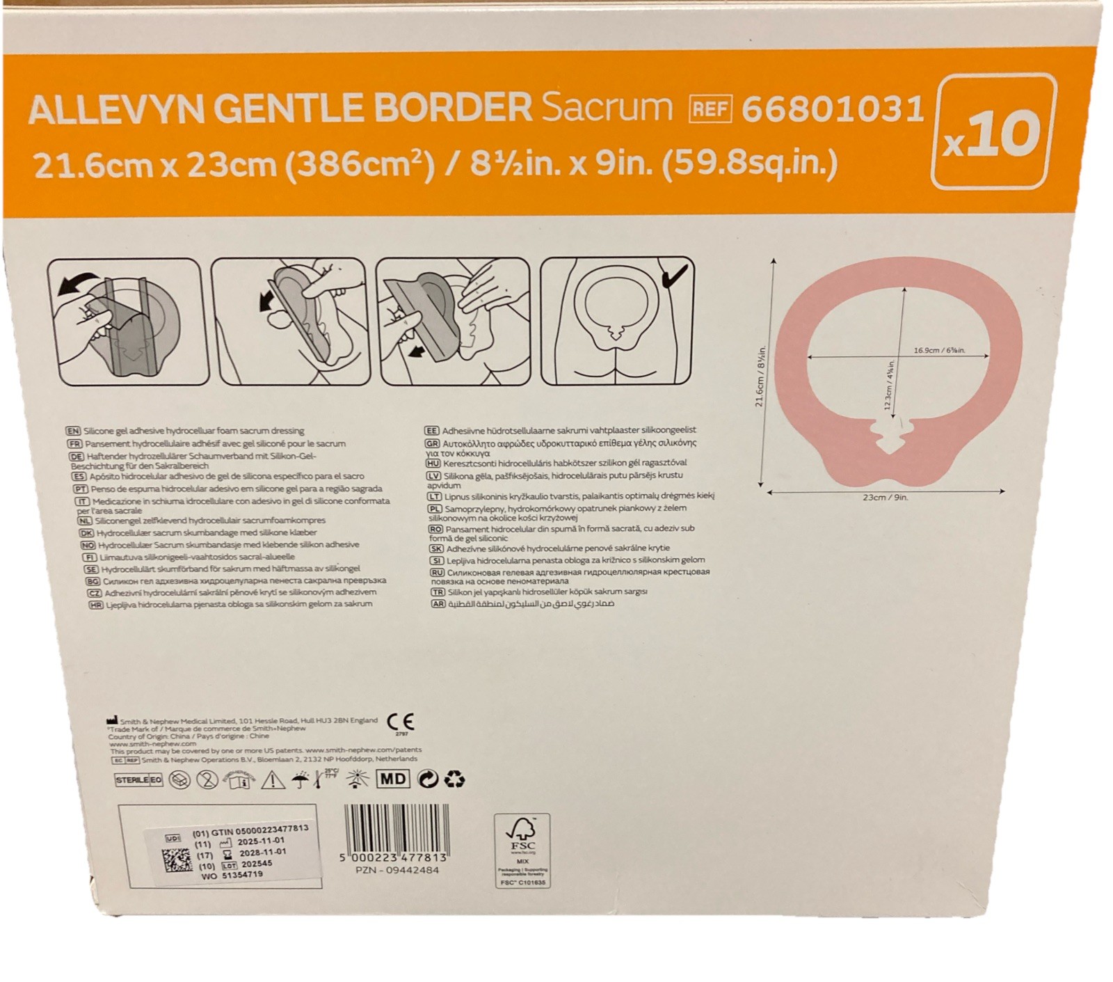 Allevyn 66801031 Gentle Border Sacrum Foam Dressing 8 1/2″ x 9″ Box of 10 2028