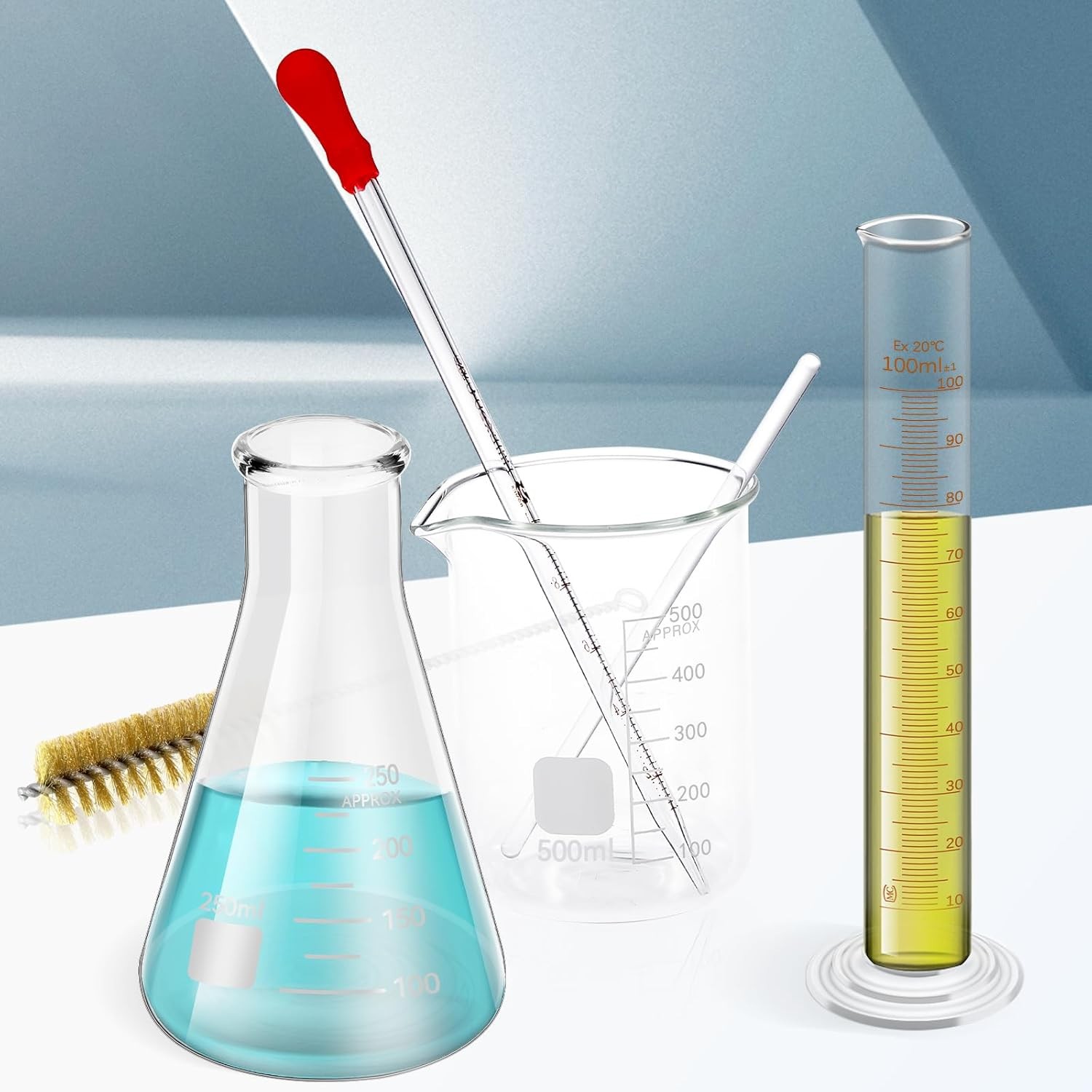 14 Pcs Measuring Beaker Set Lab Flask Glass Graduated Cylinder with Stirring Rod