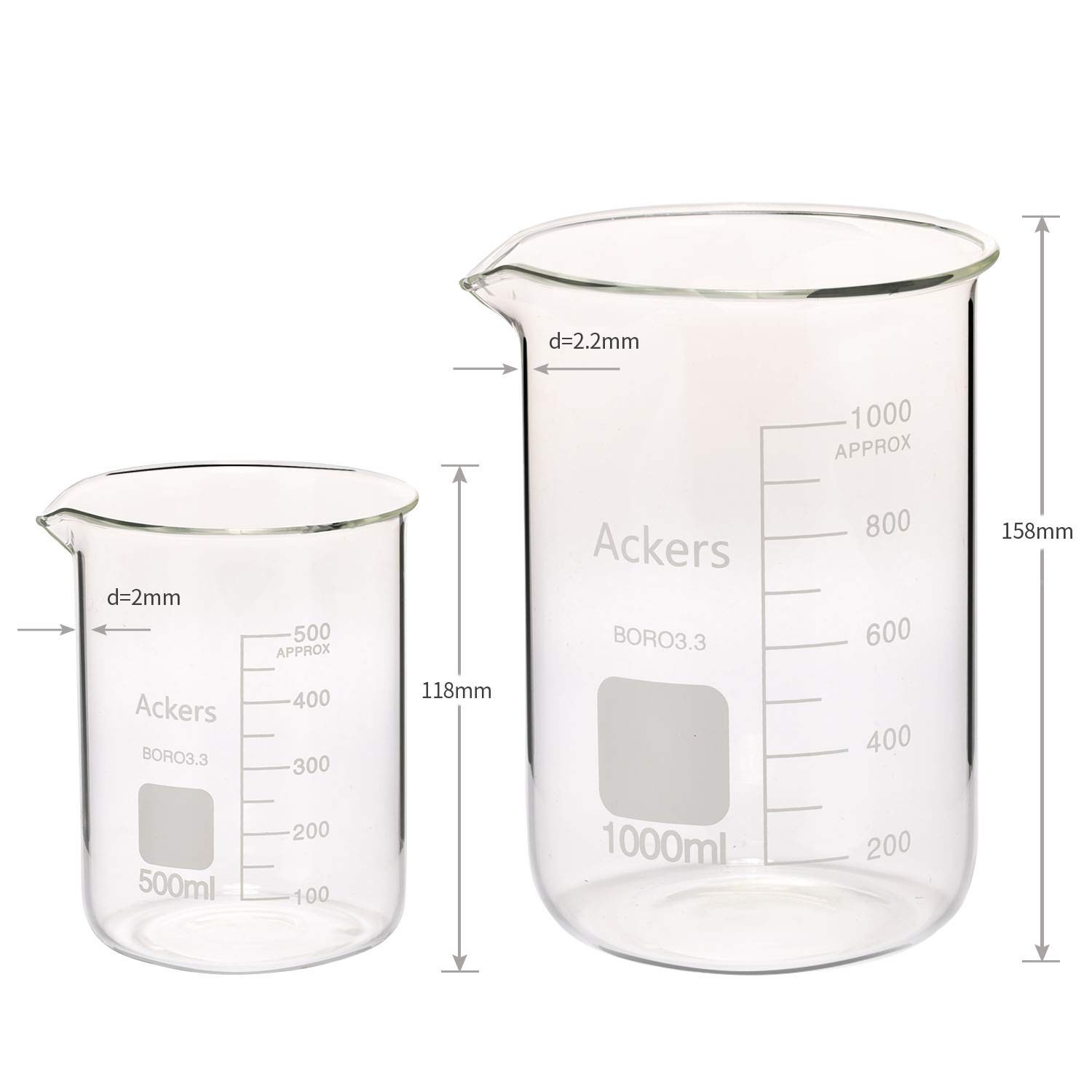 5 Pack Glass Lab Pyrex Beaker Set Measuring Cup 50/100/250/500/1000 ML