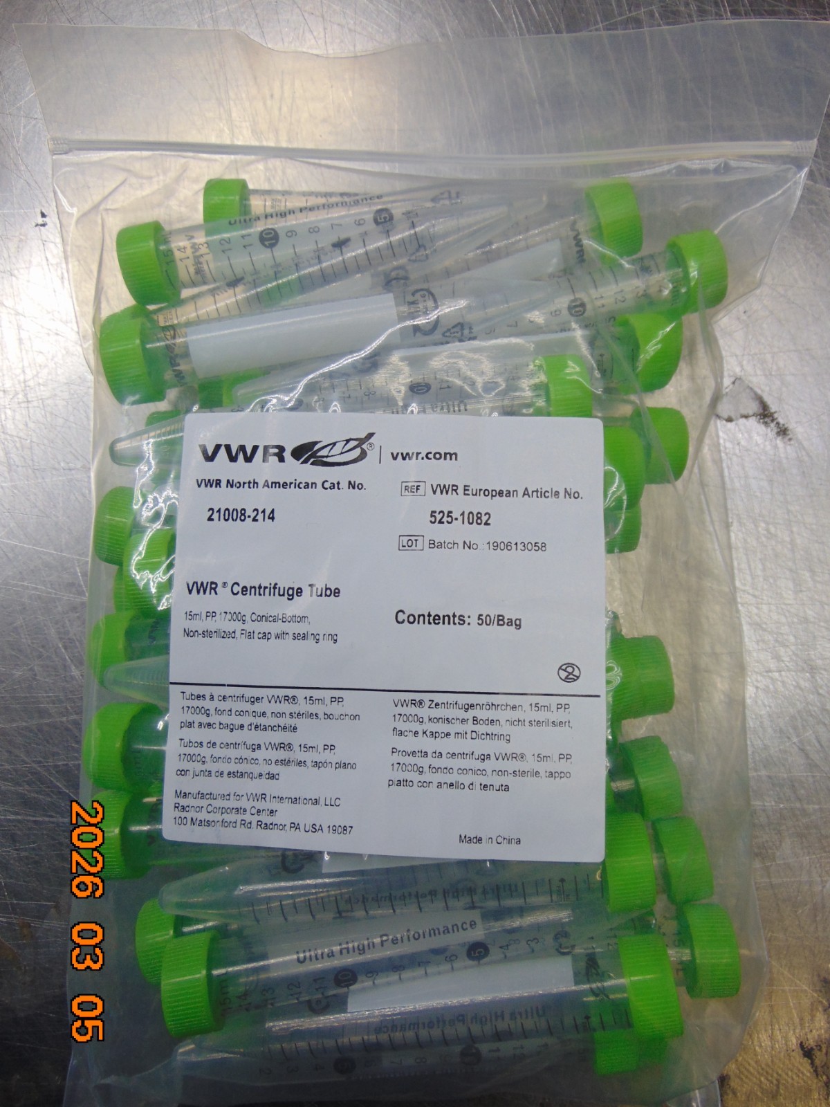 VWR 21008-214 15 mL Centrifuge Tubes Conical Bottom 50