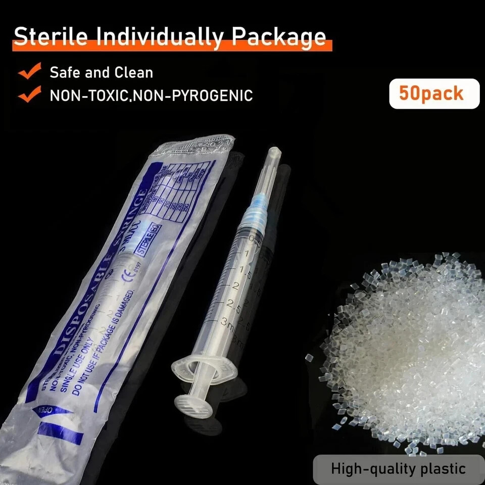 50 Pack 3ml/cc Disposable Luer Lock Lab Syringes with 23Ga 1.0 Inch , Individual