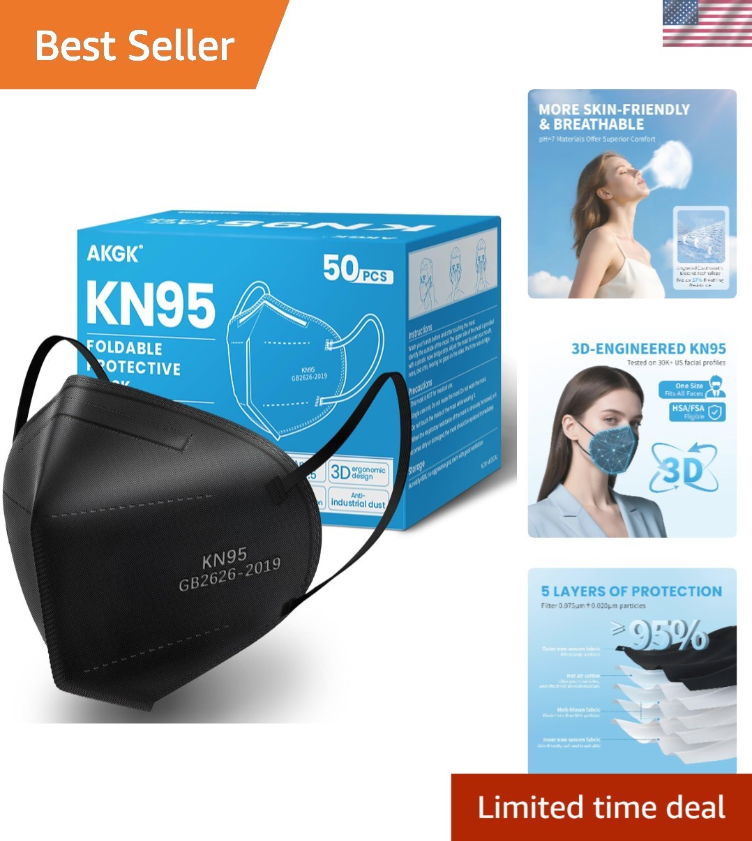 Comfortable KN95 Black Masks – 50 PCS Disposable, 95% Filtration Efficiency