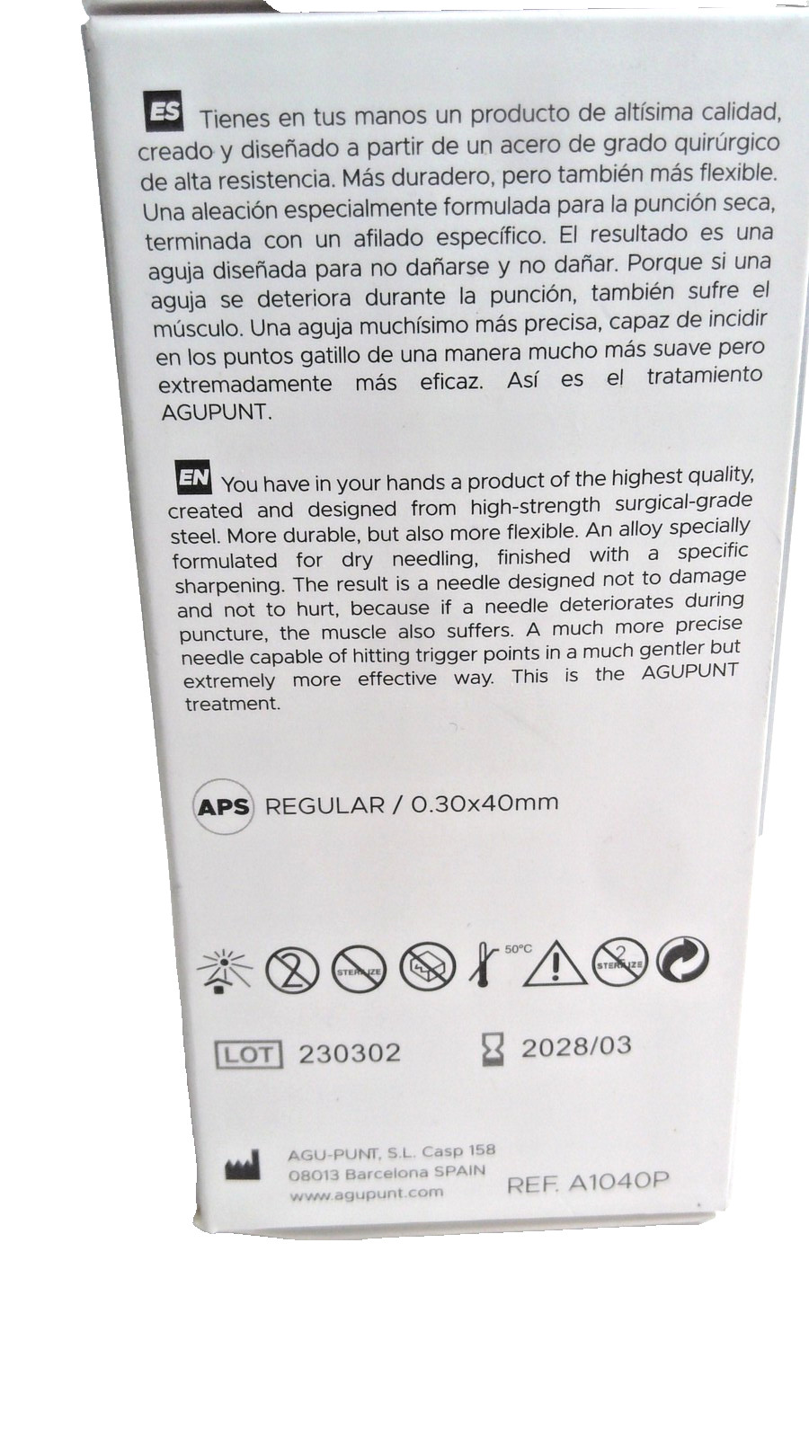 AGU-PUNT APS Dry Needling Needles 0.30x40mm White Tip 100 Units Spain New