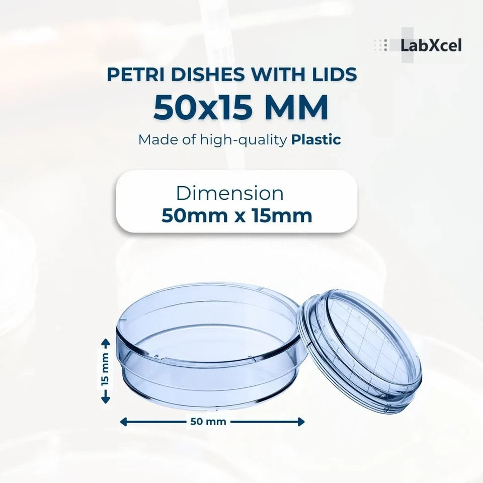 LabXcel Sterile Petri Dishes 50x15mm Vented Lid Polystyrene Lab, School Use 100x