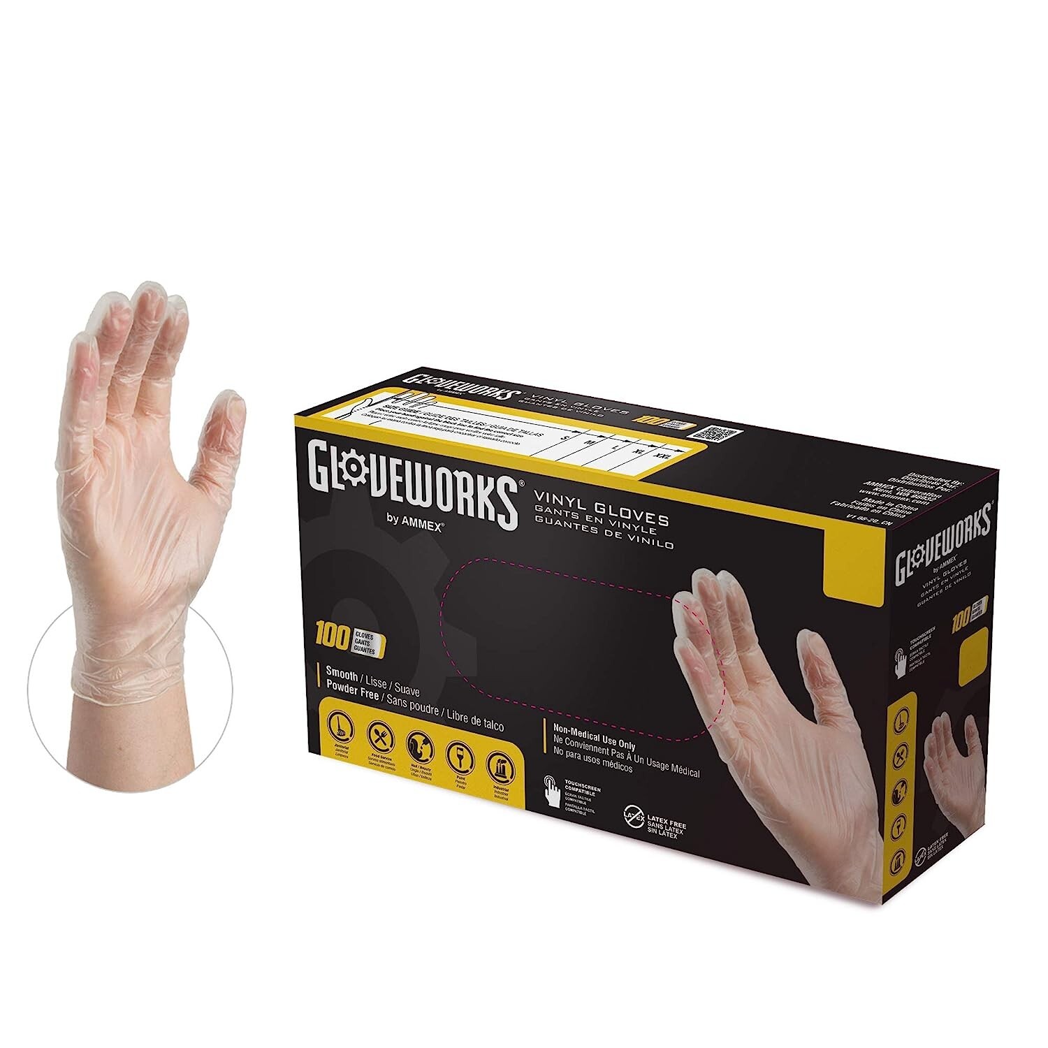 GLOVEPLUS Gloveworks Clear Vinyl Industrial Gloves, Box of 100, 3 Mil, Size XL