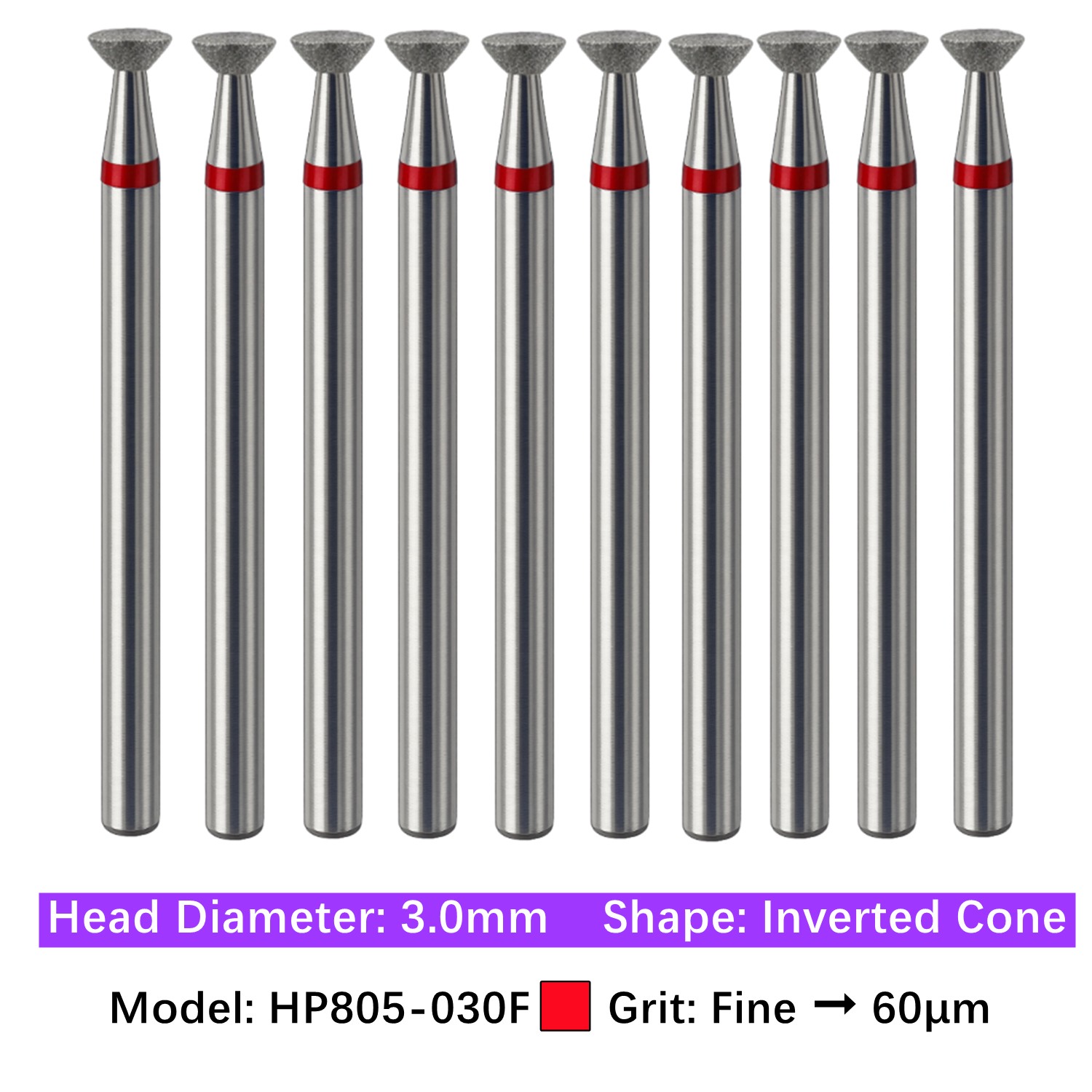 10/pk Dental HP Diamond Burs Inverted Cone HP805-030F Fine Grinding Drill Bits
