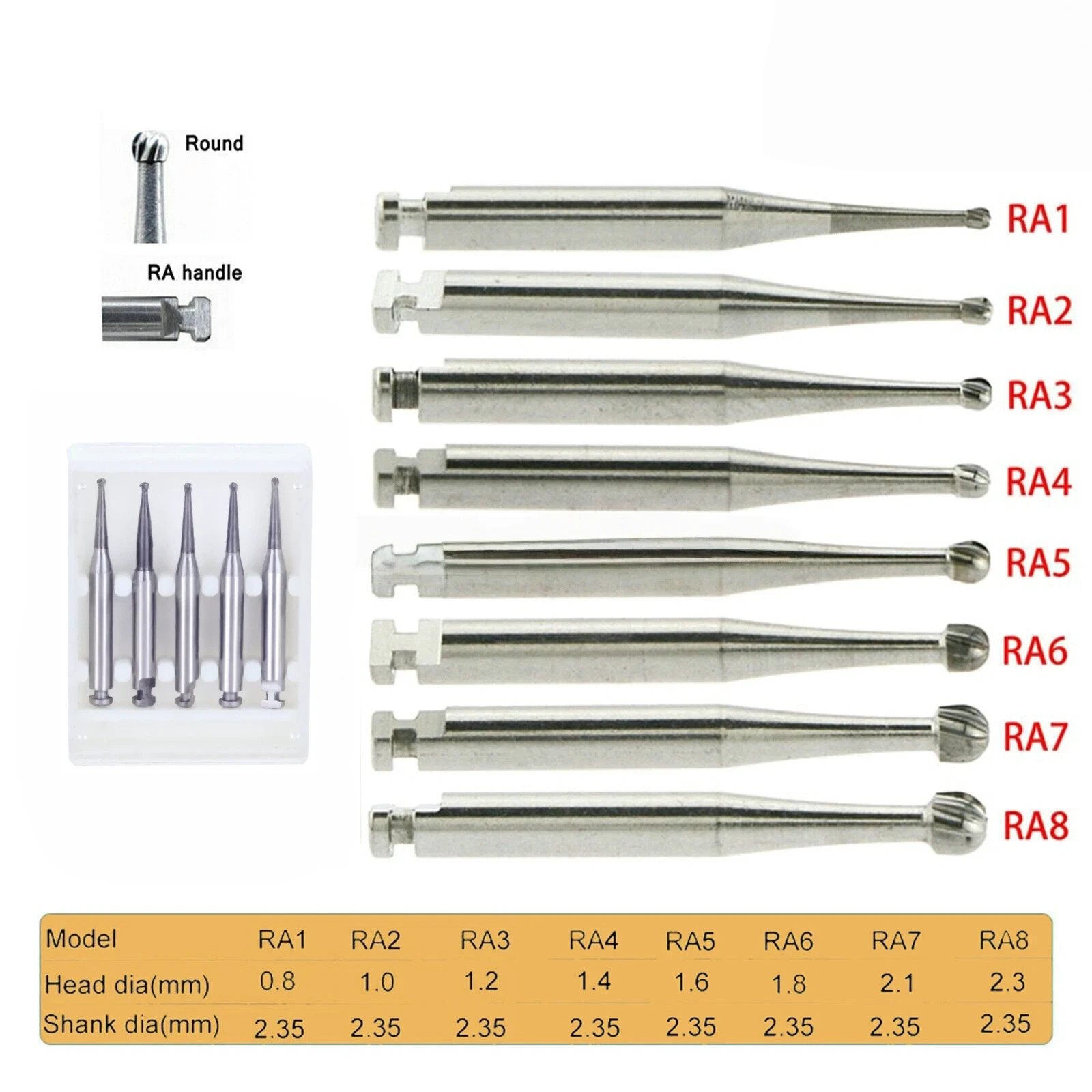 5Pcs/Box Dental Round Carbide Bur for Low Slow Speed Latch Type RA 1# – 8# Burs